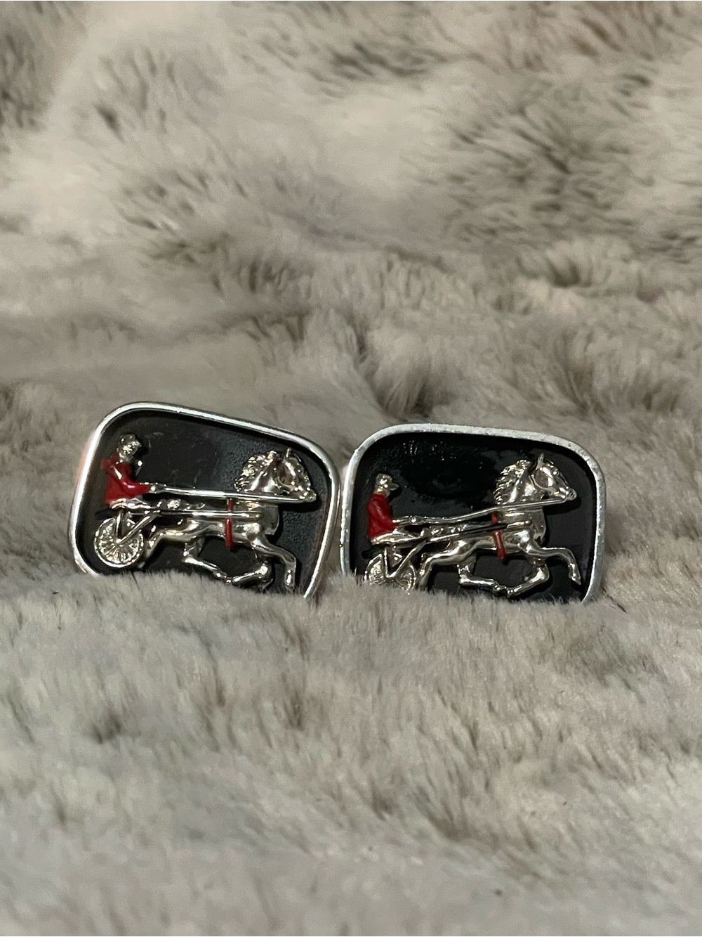 SWANK Silver-Tone Equestrian Cufflinks with Black and Red Accents